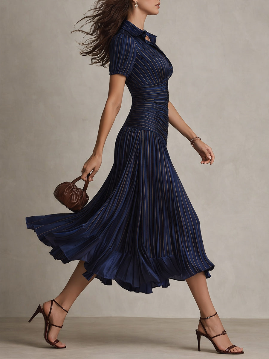 Vestido Midi Adriana Satinado de Rayas Retro Elegante