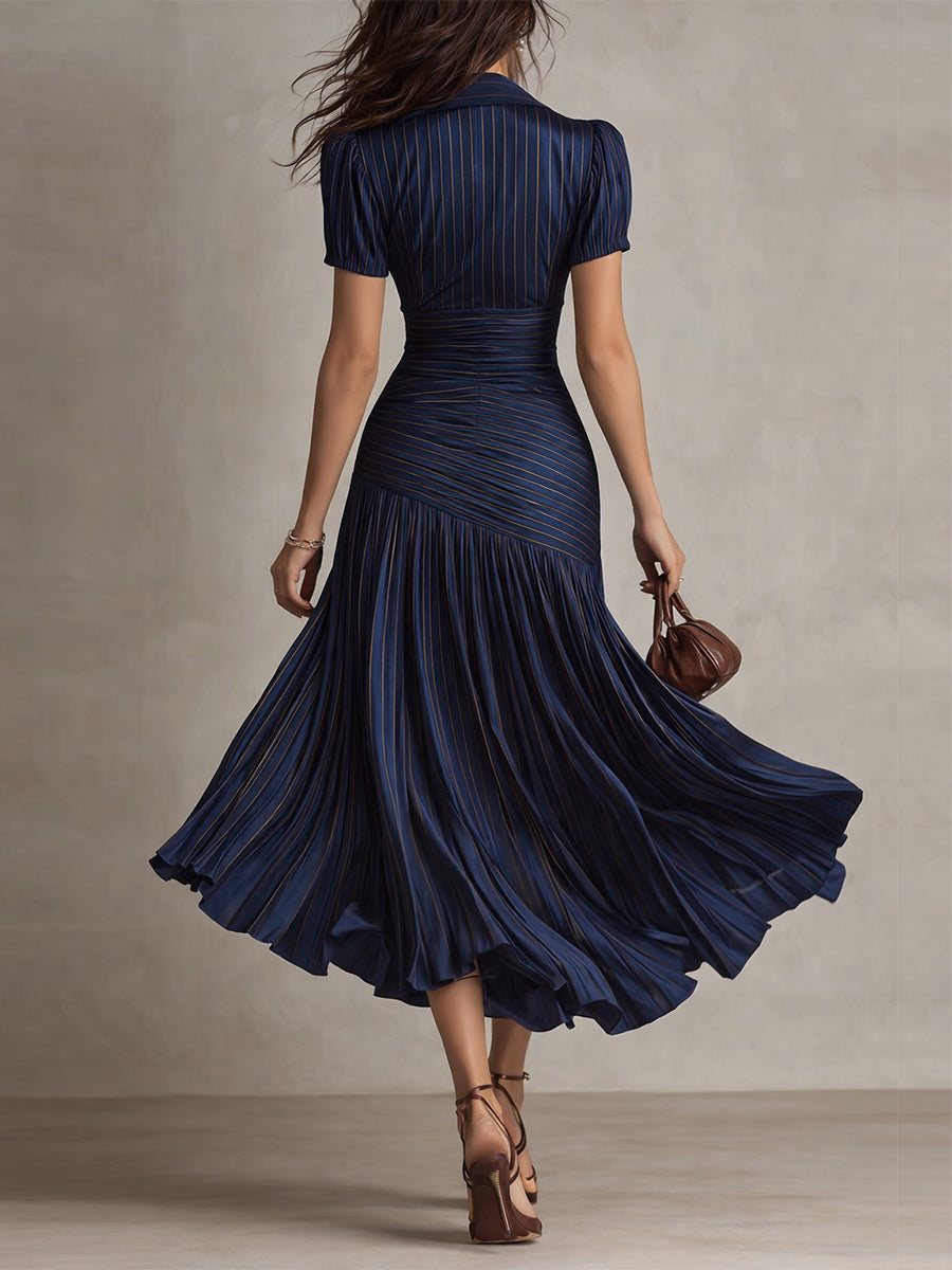 Vestido Midi Adriana Satinado de Rayas Retro Elegante