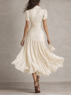 Vestido Midi Adriana Satinado de Rayas Retro Elegante