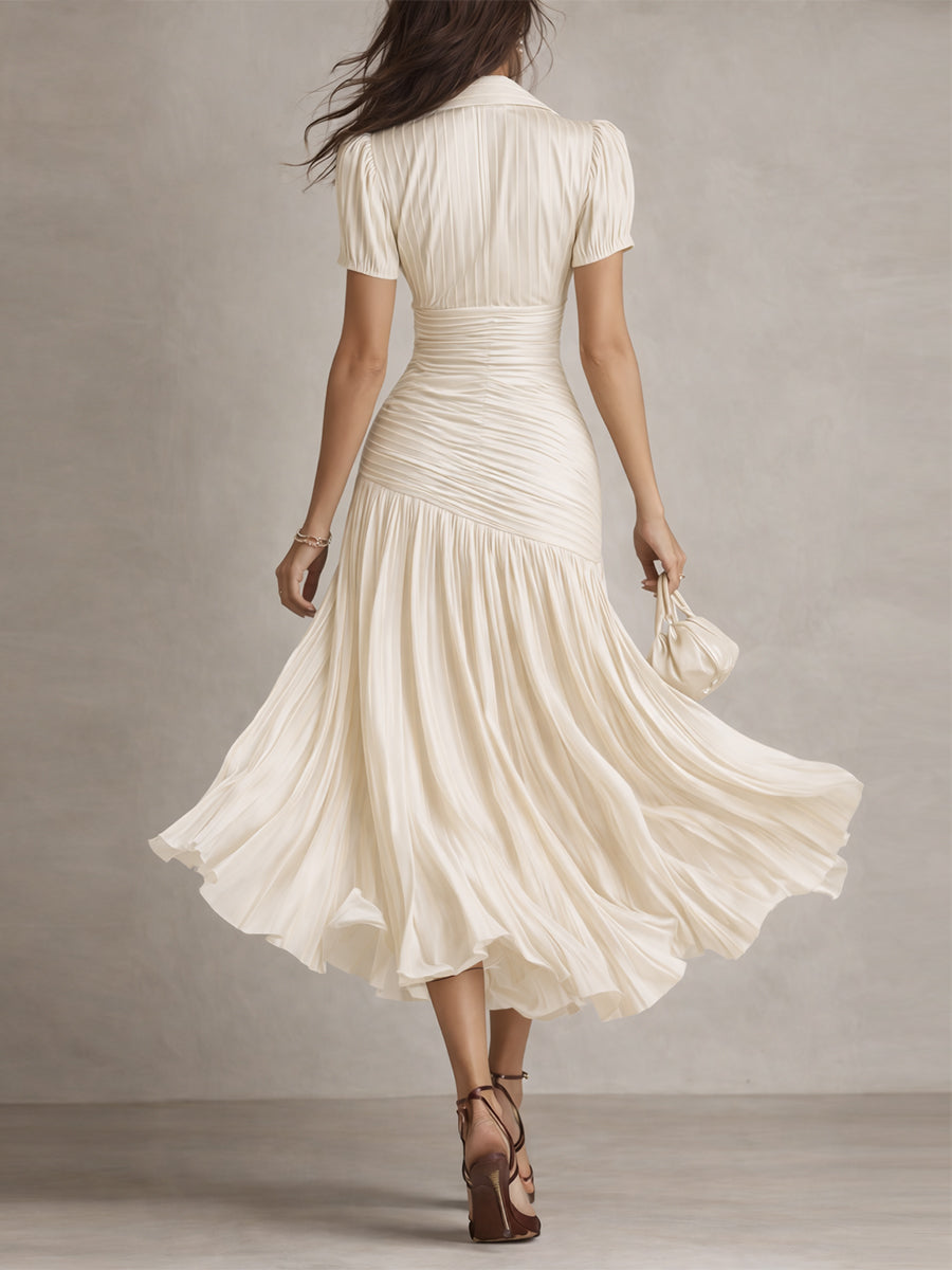Vestido Midi Adriana Satinado de Rayas Retro Elegante
