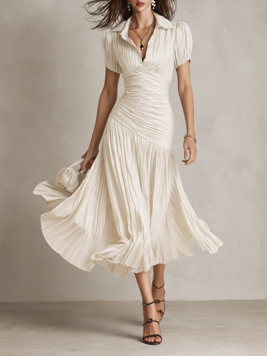 Vestido Midi Adriana Satinado de Rayas Retro Elegante