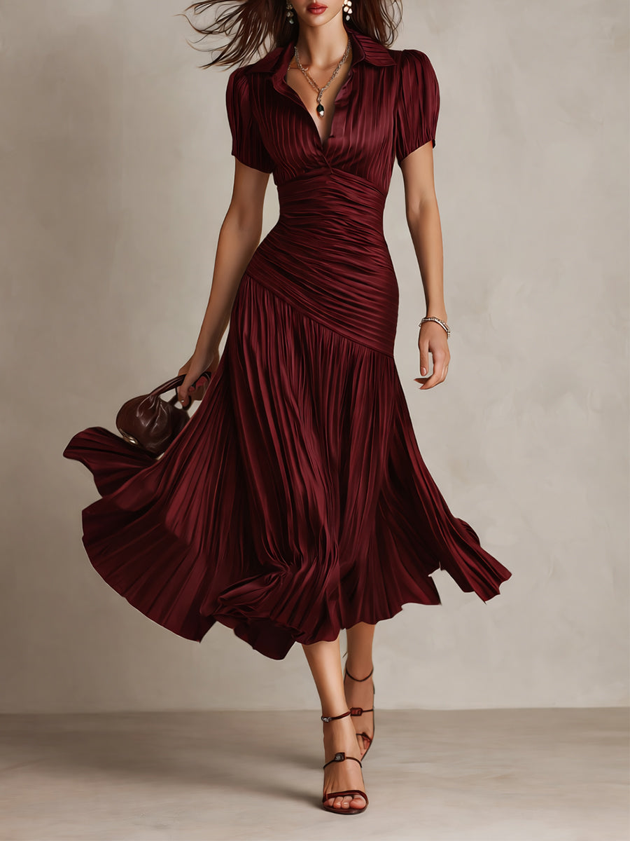Vestido Midi Adriana Satinado de Rayas Retro Elegante