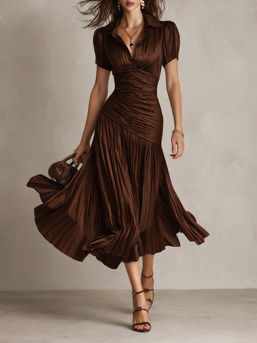 Vestido Midi Adriana Satinado de Rayas Retro Elegante