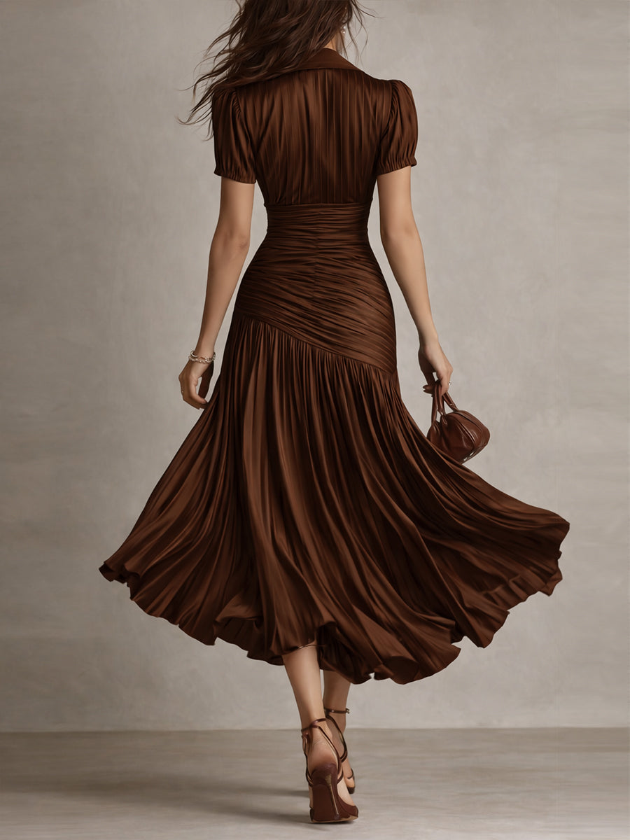 Vestido Midi Adriana Satinado de Rayas Retro Elegante