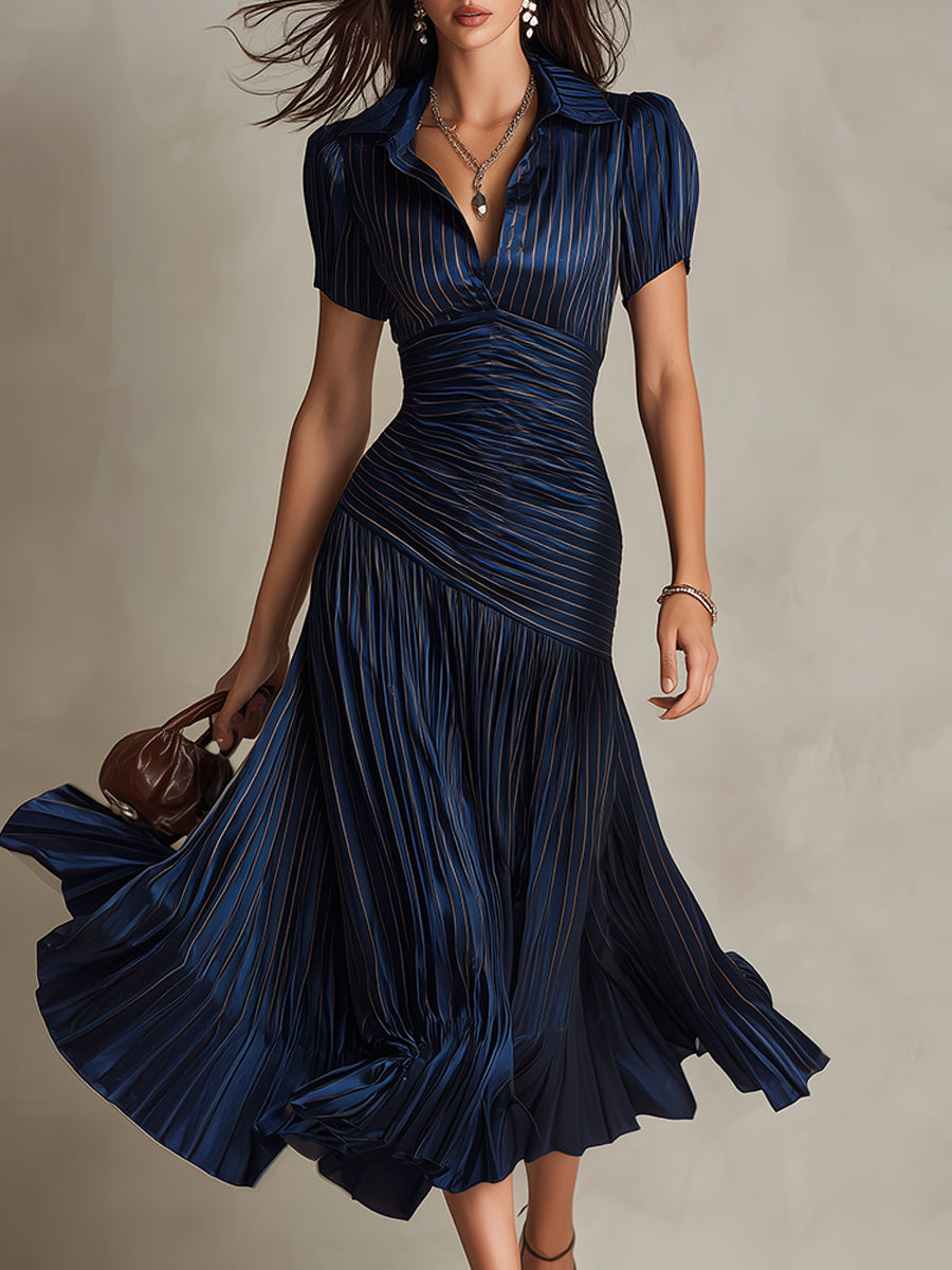 Vestido Midi Adriana Satinado de Rayas Retro Elegante