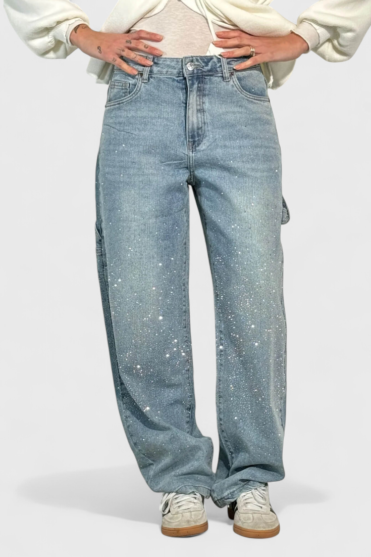 Dariya Jeans Cargo Balloon con Brillantezza e Applicazioni di Strass