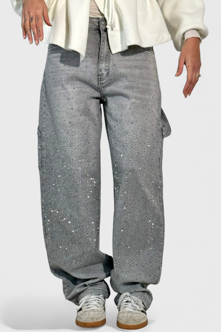Dariya Jeans Cargo Balloon con Brillantezza e Applicazioni di Strass