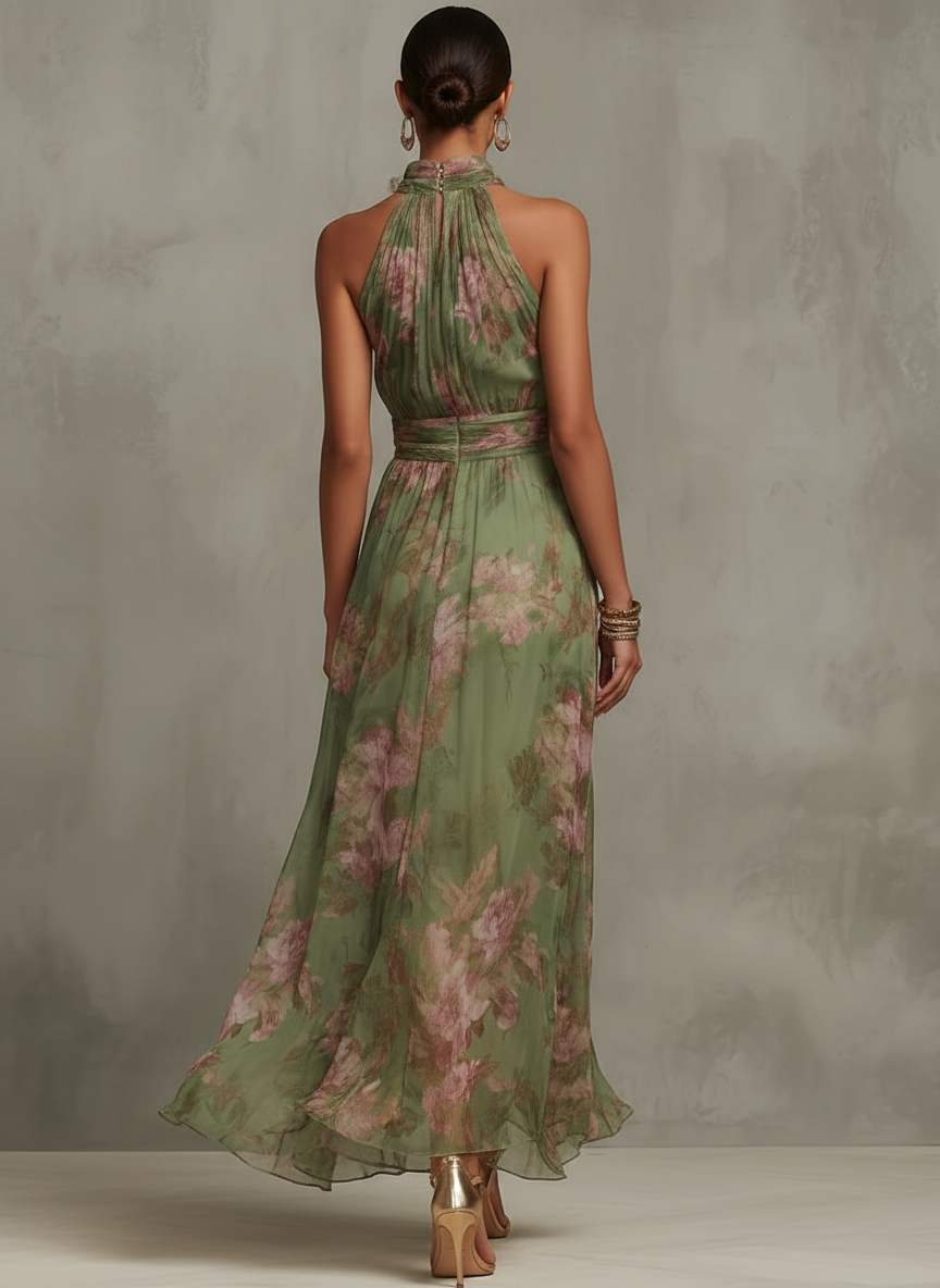 Vestido Largo Serena Verde Floral en Chiffon con Escote Halter