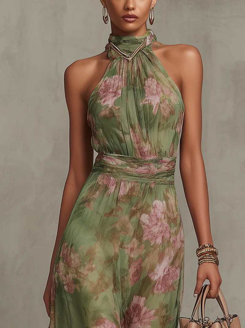 Vestido Largo Serena Verde Floral en Chiffon con Escote Halter