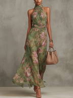 Vestido Largo Serena Verde Floral en Chiffon con Escote Halter