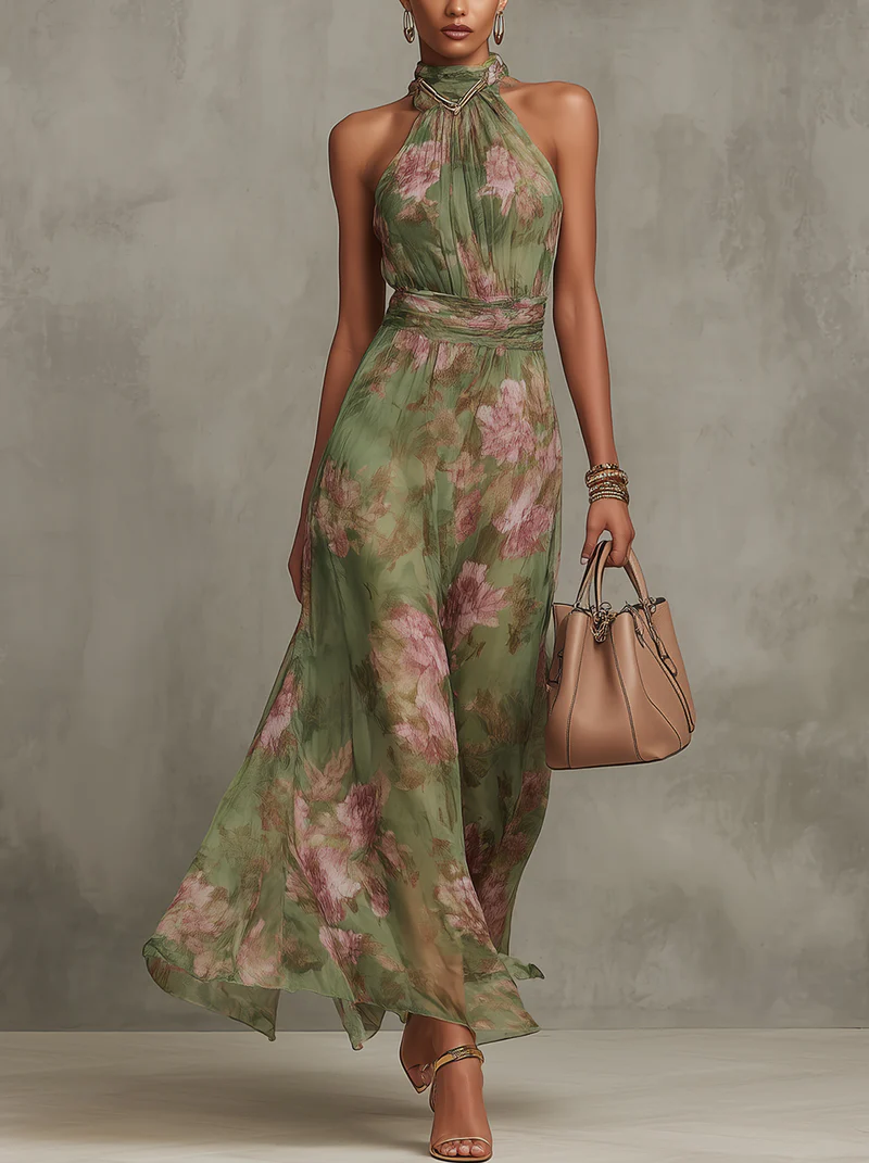 Vestido Largo Serena Verde Floral en Chiffon con Escote Halter