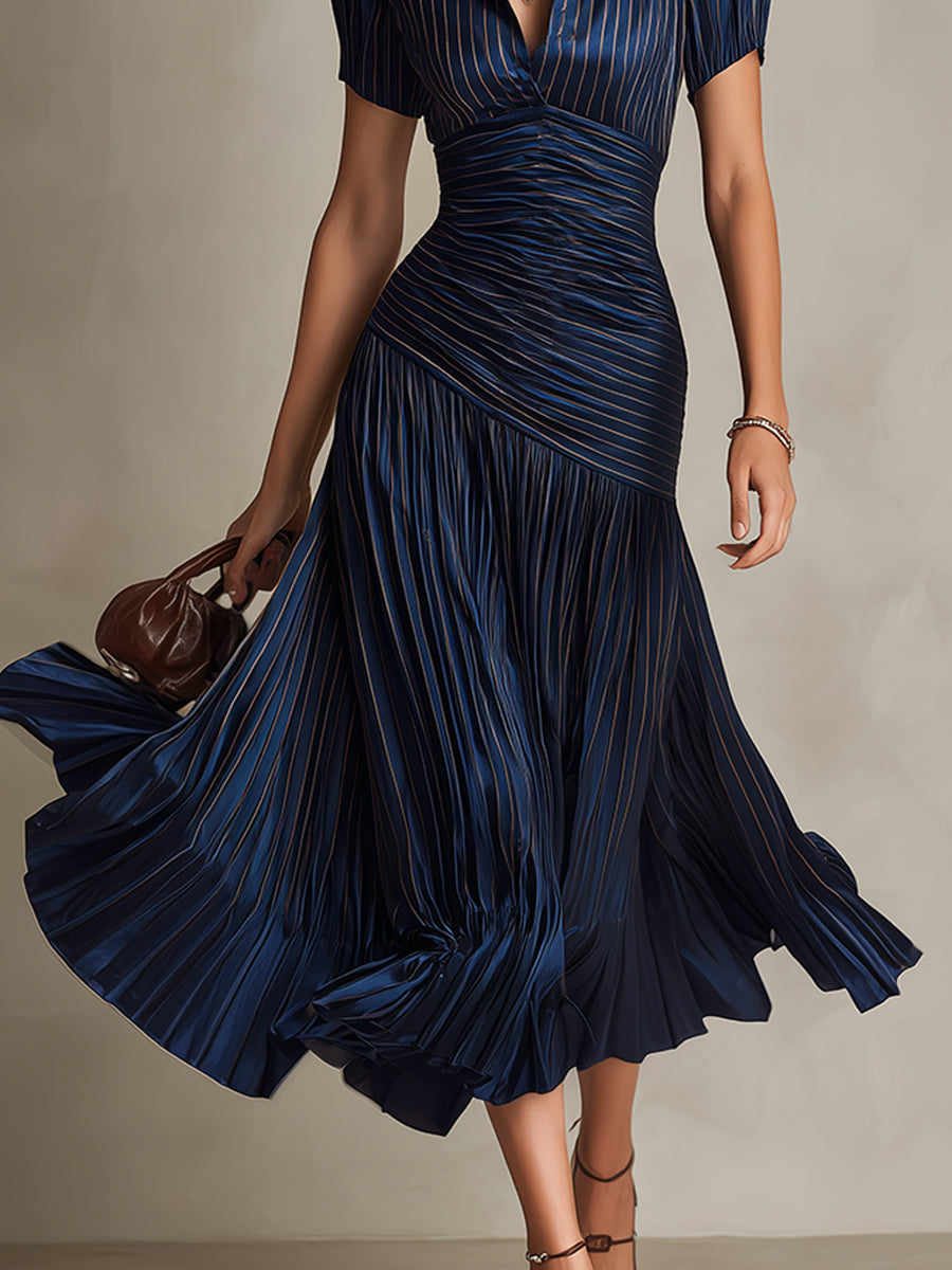 Vestido Midi Adriana Satinado de Rayas Retro Elegante