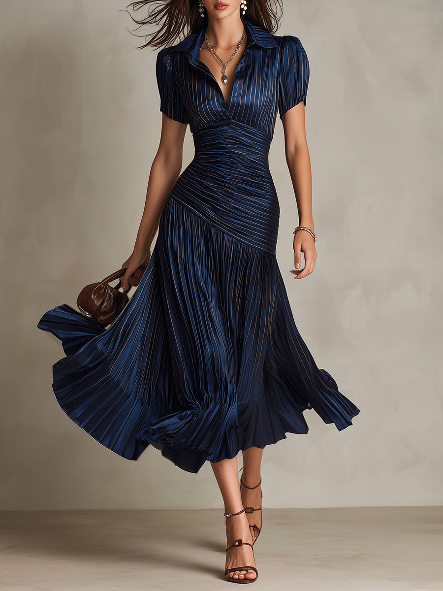 Vestido Midi Adriana Satinado de Rayas Retro Elegante