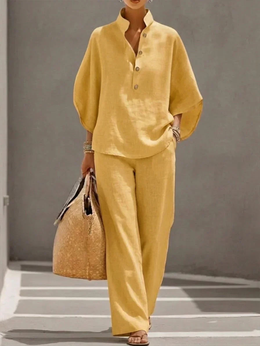 Adelaide| Conjunto de lino con mangas murciélago y pantalón ancho