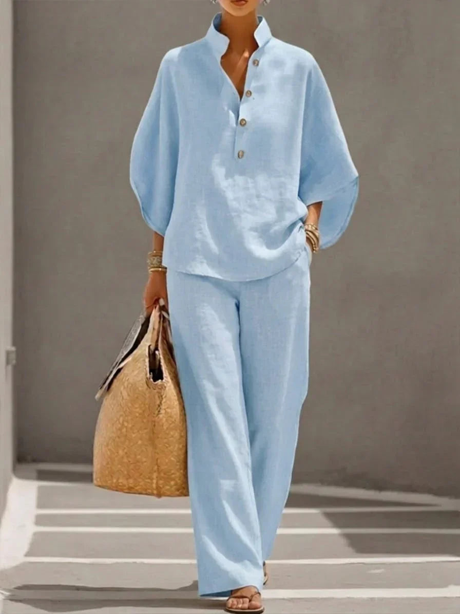 Adelaide| Conjunto de lino con mangas murciélago y pantalón ancho