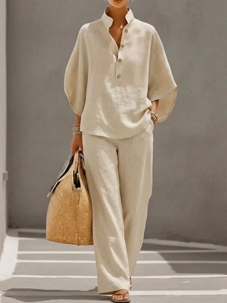 Adelaide| Conjunto de lino con mangas murciélago y pantalón ancho